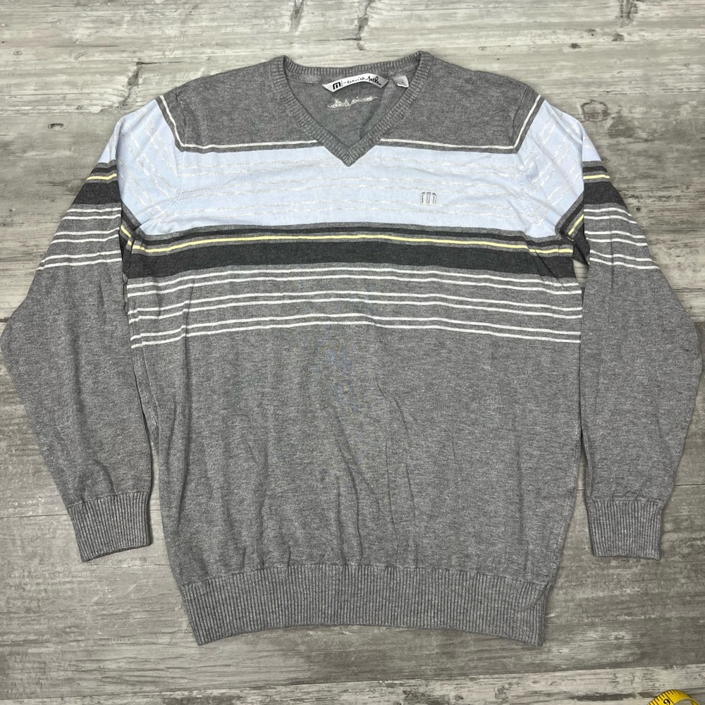 Travis Mathew Grey w/ Blue & White Stripe V-Neck Sweater L
